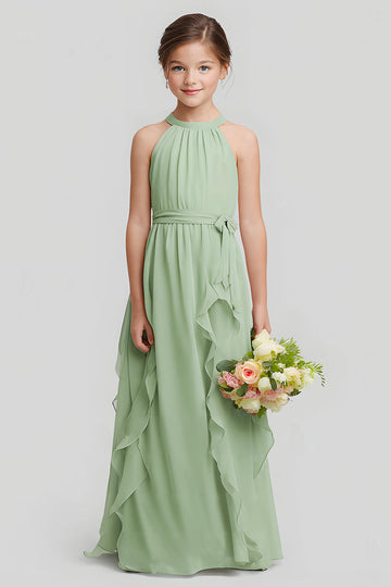 Robe de demoiselle d’honneur junior en mousseline de soie vert sauge